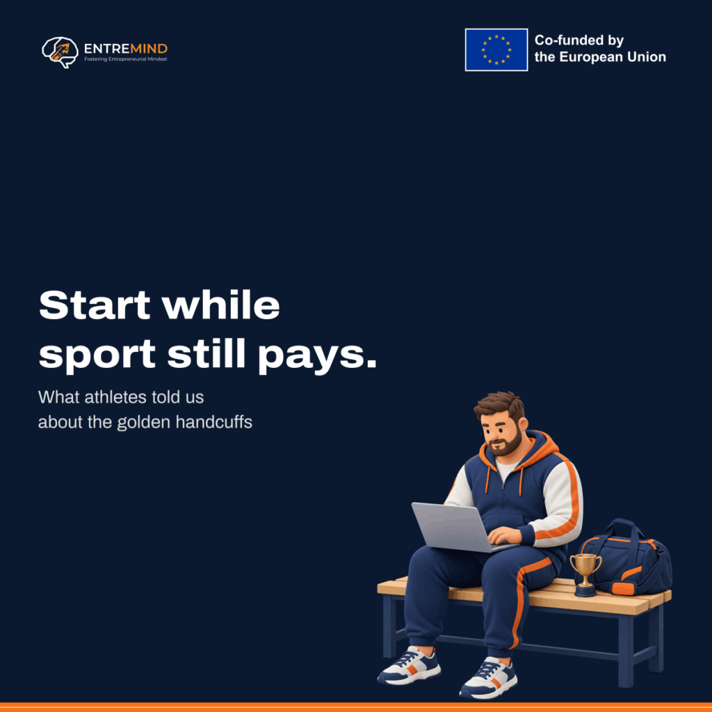 Start while sport still pays. What athletes told us about the golden handcuffs. Illustration: an athlete in a tracksuit working on a laptop on a changing-room bench, with a sports bag and a small trophy beside him.