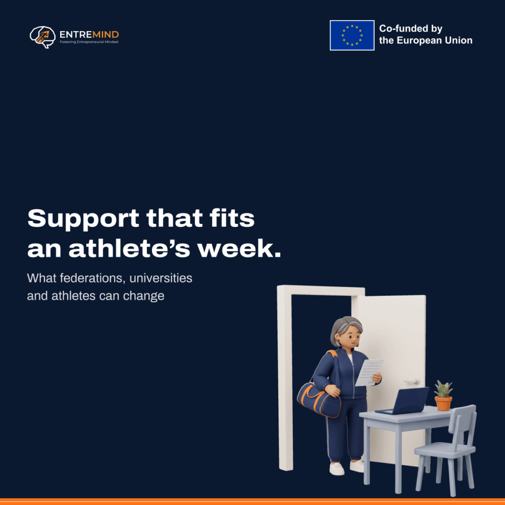Support that fits an athlete’s week. What federations, universities and athletes can change. Illustration: an athlete with a sports bag over her shoulder reading a form by an open door, next to a desk with a laptop.