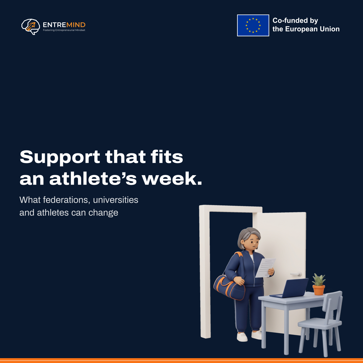 Support that fits an athlete’s week. What federations, universities and athletes can change. Illustration: an athlete with a sports bag over her shoulder reading a form by an open door, next to a desk with a laptop.