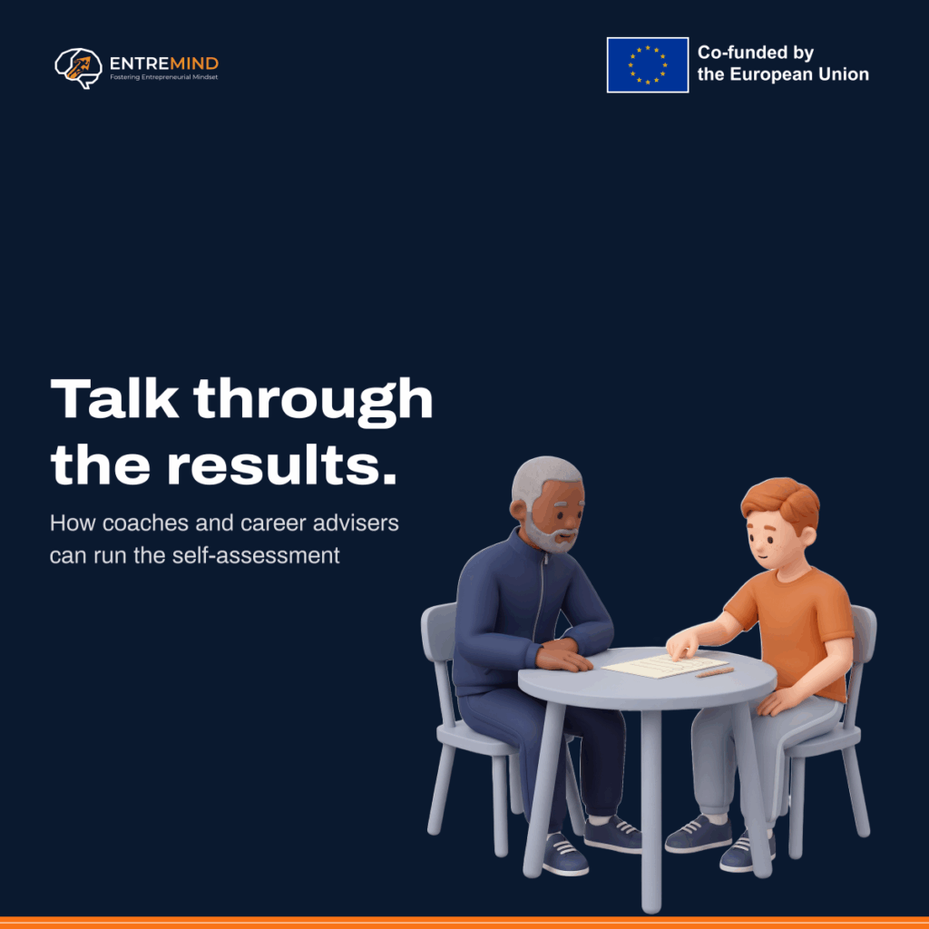 Talk through the results. How coaches and career advisers can run the self-assessment. Illustration: an athlete talking a coach through a printed questionnaire at a table.