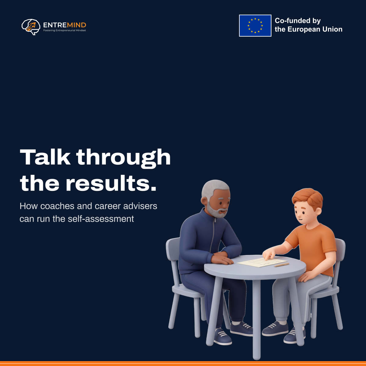 Talk through the results. How coaches and career advisers can run the self-assessment. Illustration: an athlete talking a coach through a printed questionnaire at a table.
