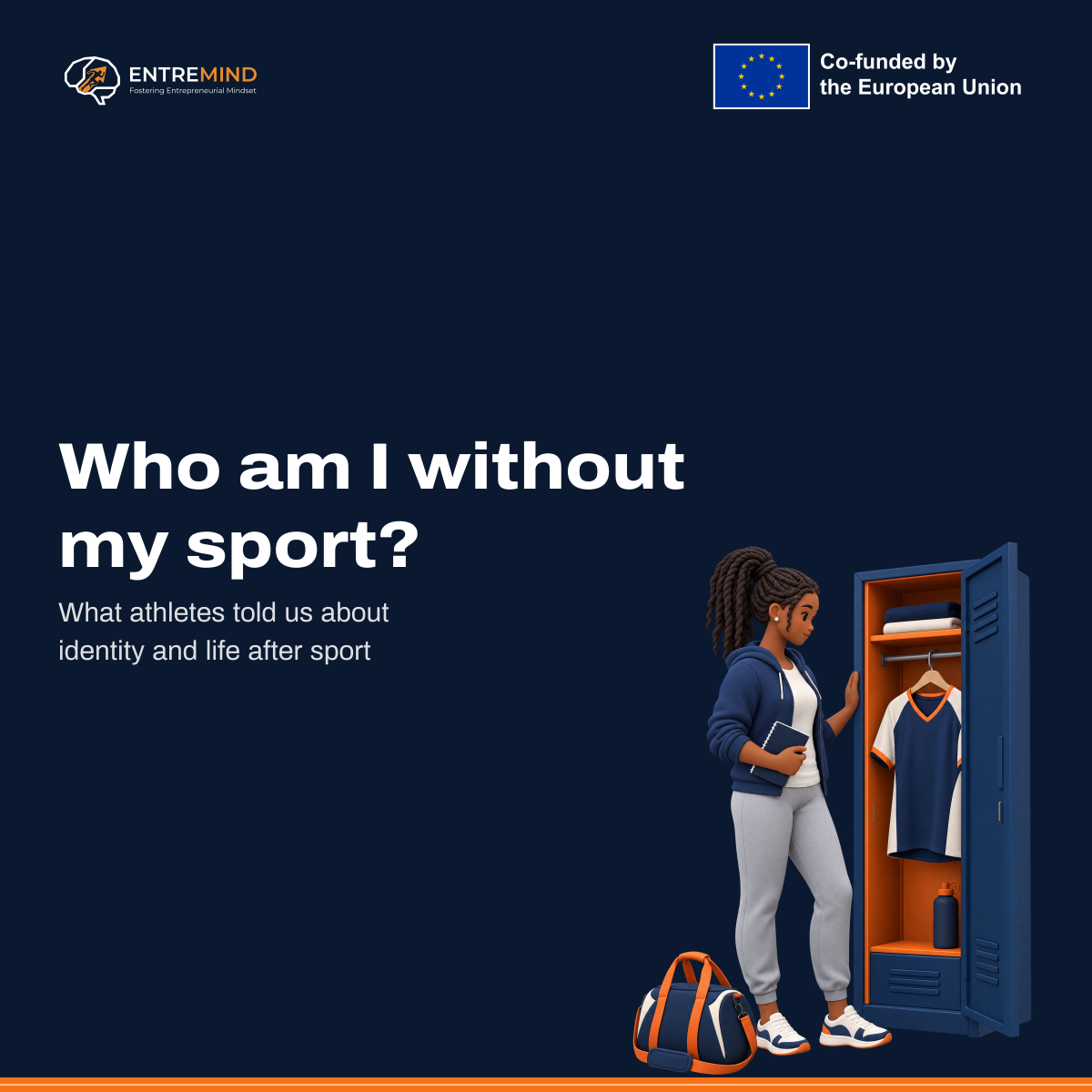 Who am I without my sport? What athletes told us about identity and life after sport. Illustration: a young woman looking thoughtfully at a team jersey hanging in an open locker, with a sports bag at her feet.